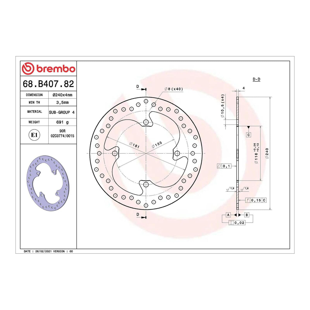 Brembo Prime Serie Oro Rear Brake Disc 68B40782