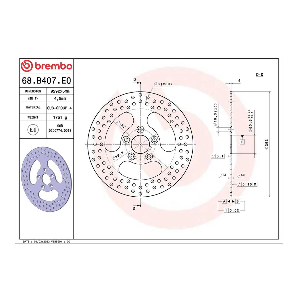 Brembo Prime Serie Oro Rear Brake Disc 68B407E0