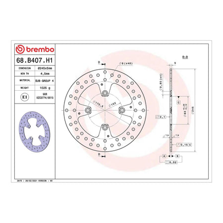 Brembo Prime Serie Oro Rear Brake Disc 68B407H1