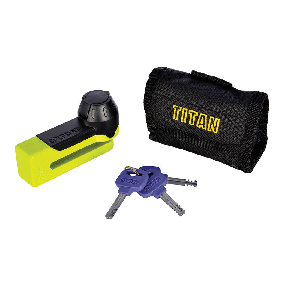 Oxford Titan 10mm Pin Disc Lock - Yellow, includes pouch