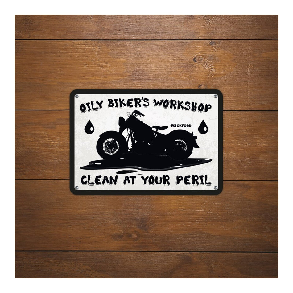 Oxford Garage Metal Sign: Oily Biker's Workshop